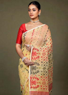 Cream Tant Jamdani Saree Without Blouse Piece