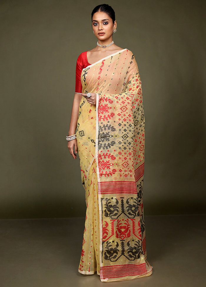 Cream Tant Jamdani Saree Without Blouse Piece