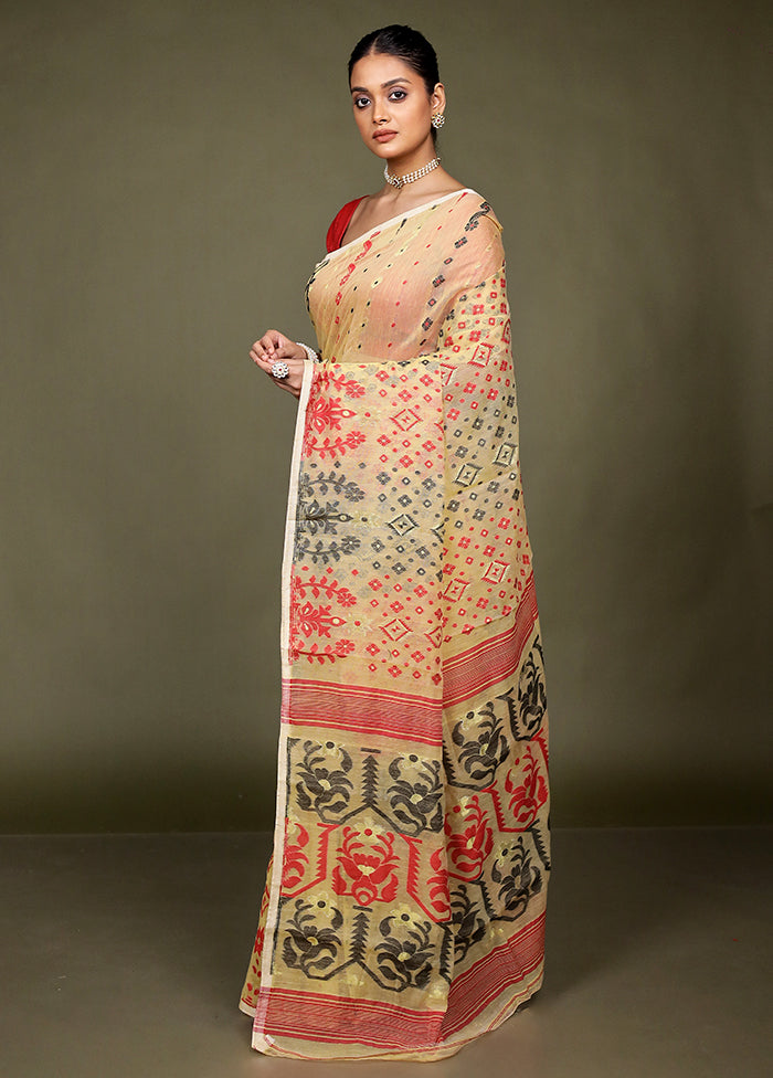 Cream Tant Jamdani Saree Without Blouse Piece