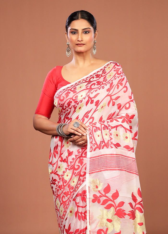 White Jamdani Cotton Saree Without Blouse Piece