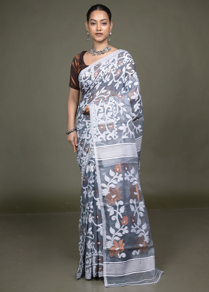 Grey Tant Jamdani Saree Without Blouse Piece