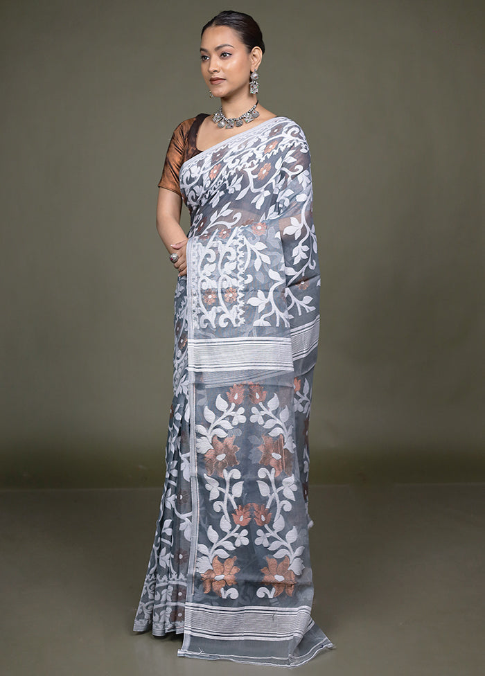 Grey Tant Jamdani Saree Without Blouse Piece
