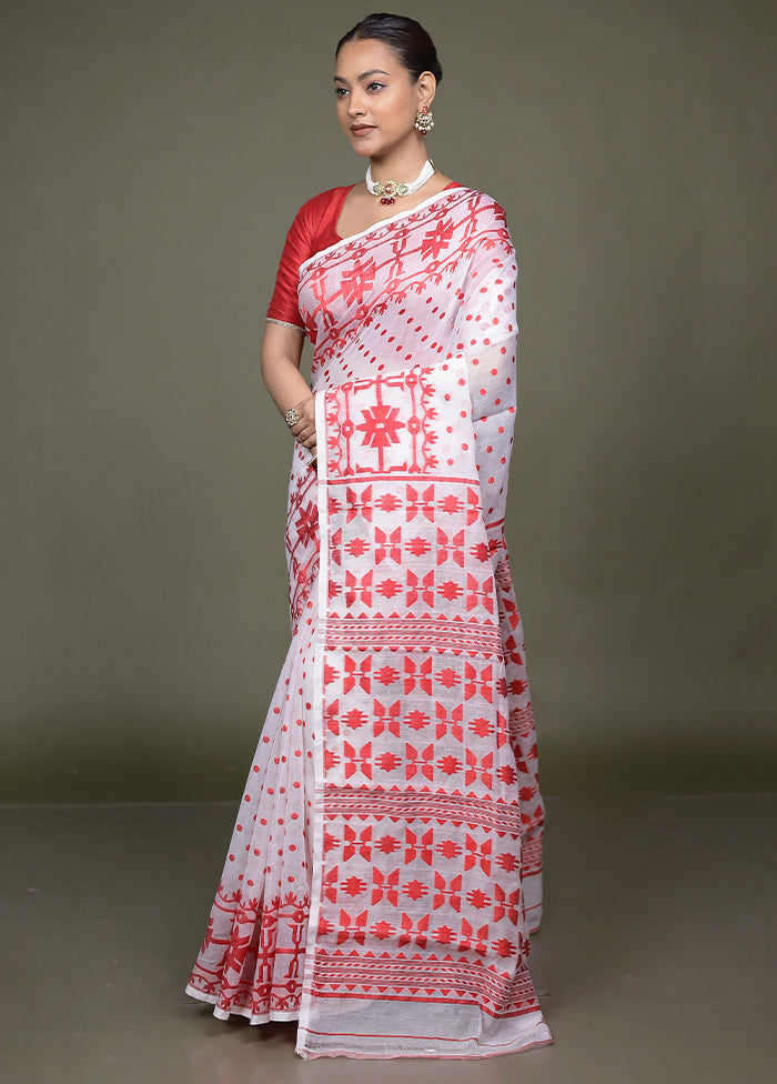 White Tant Jamdani Saree Without Blouse Piece