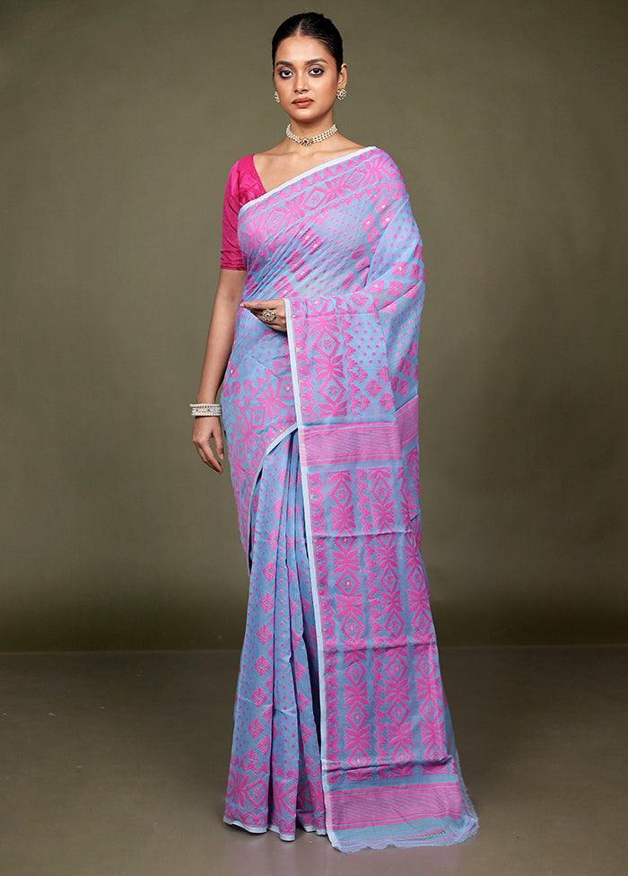 Blue Tant Jamdani Saree Without Blouse Piece