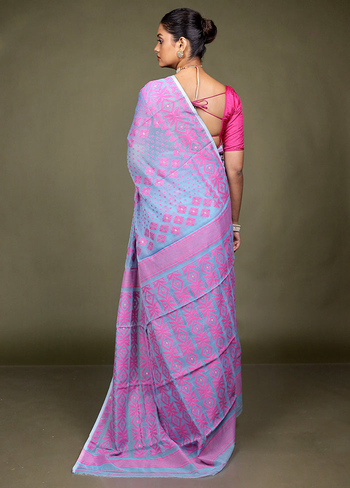 Blue Tant Jamdani Saree Without Blouse Piece
