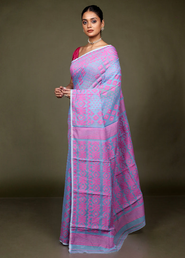 Blue Tant Jamdani Saree Without Blouse Piece