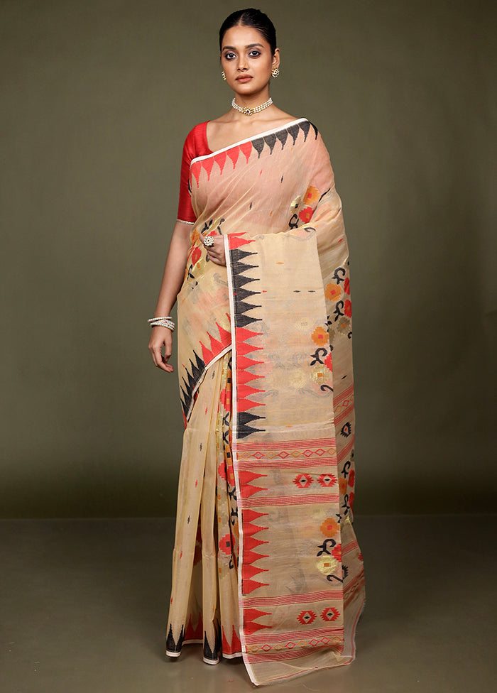 Cream Jamdani Cotton Saree Without Blouse Piece