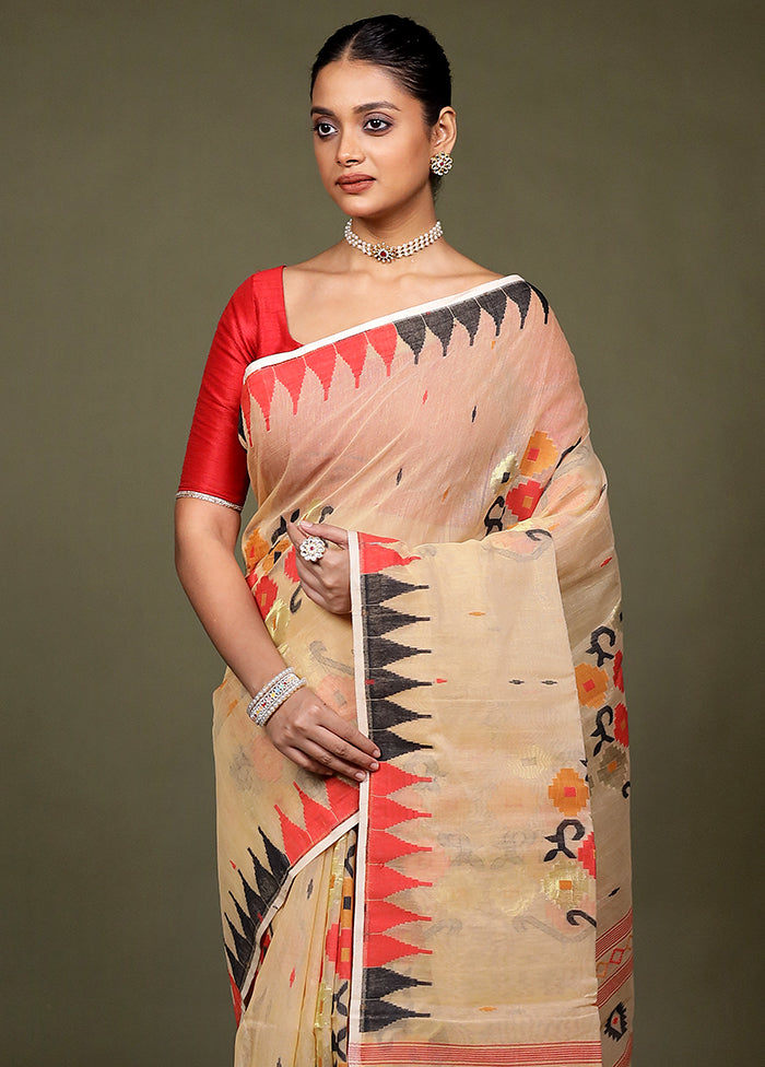 Cream Jamdani Cotton Saree Without Blouse Piece