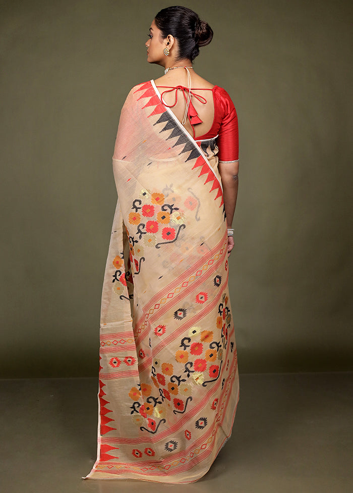 Cream Jamdani Cotton Saree Without Blouse Piece