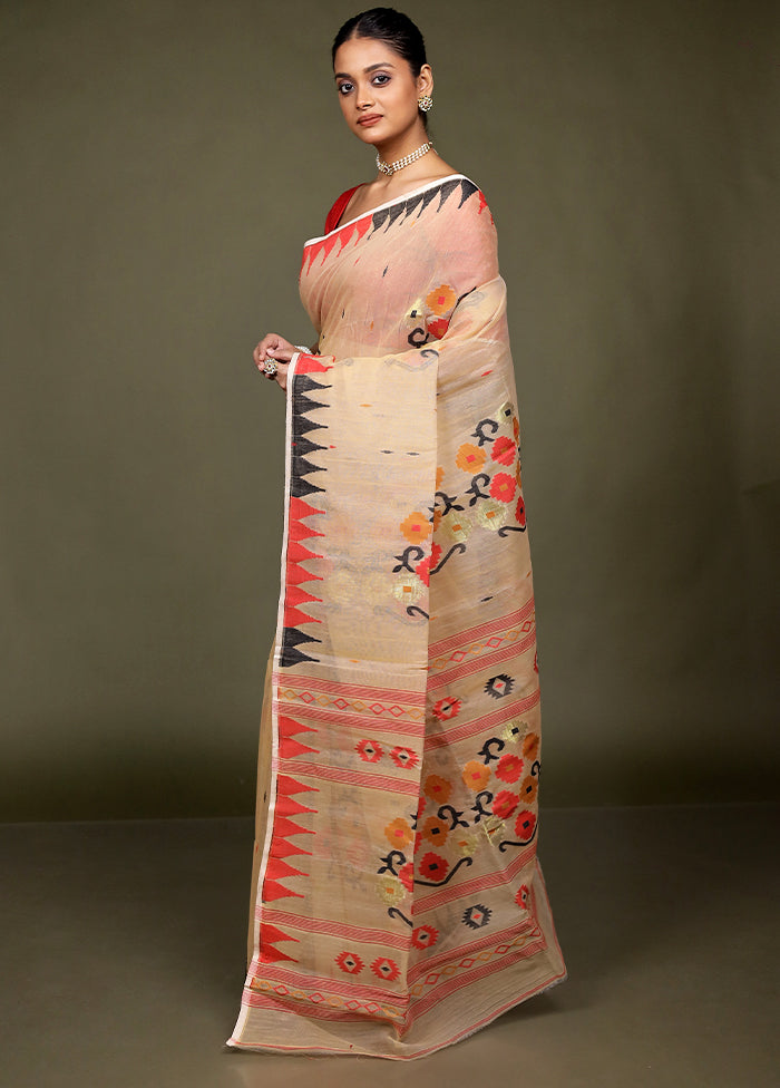 Cream Jamdani Cotton Saree Without Blouse Piece
