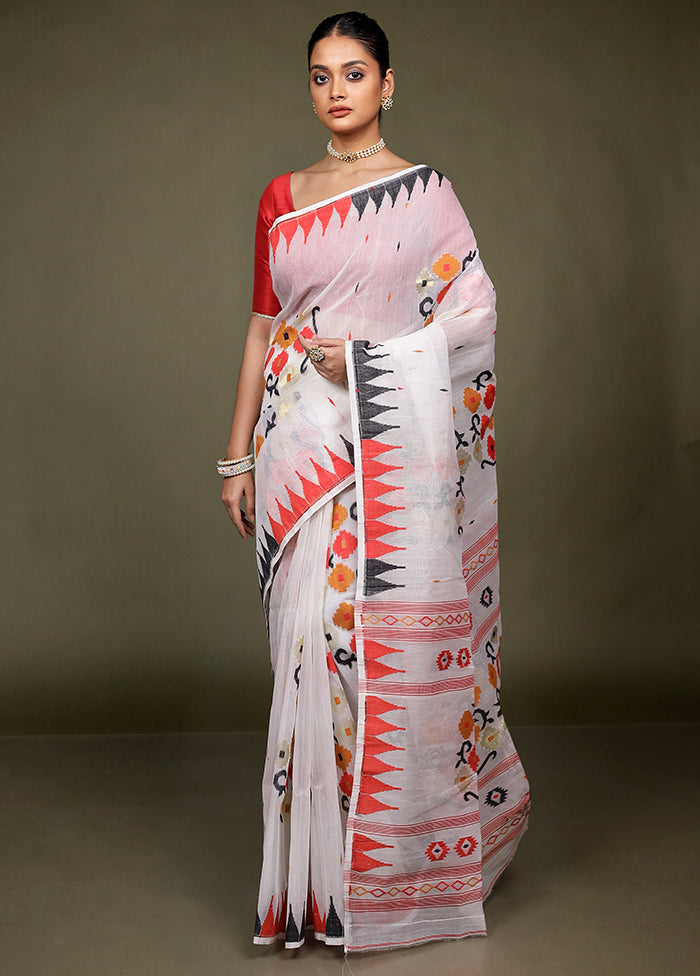 White Tant Jamdani Saree Without Blouse Piece