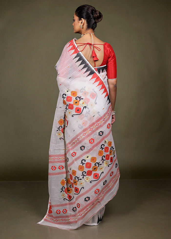 White Tant Jamdani Saree Without Blouse Piece