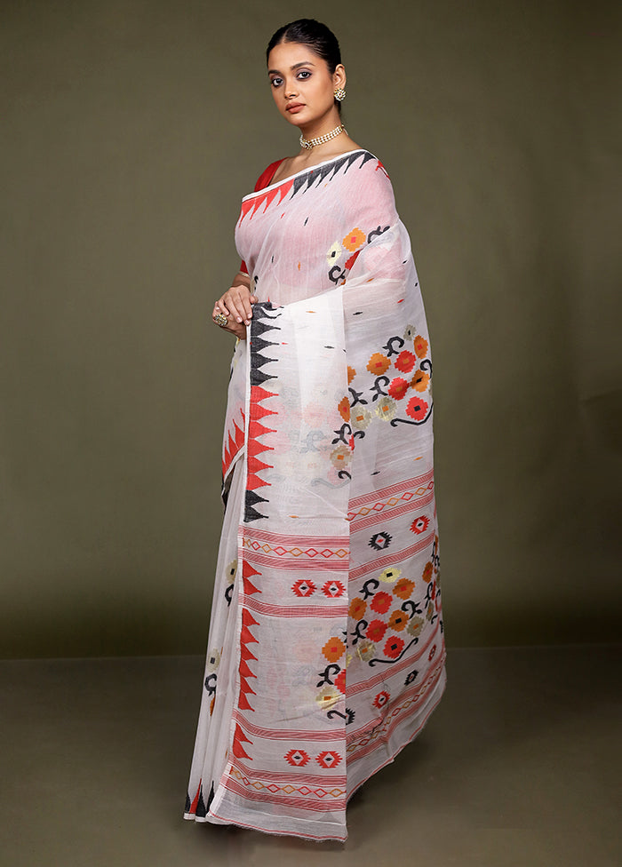 White Tant Jamdani Saree Without Blouse Piece