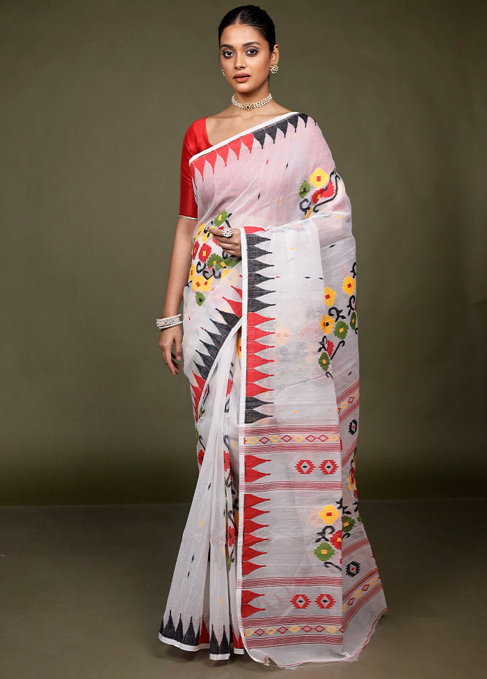 White Tant Jamdani Saree Without Blouse Piece