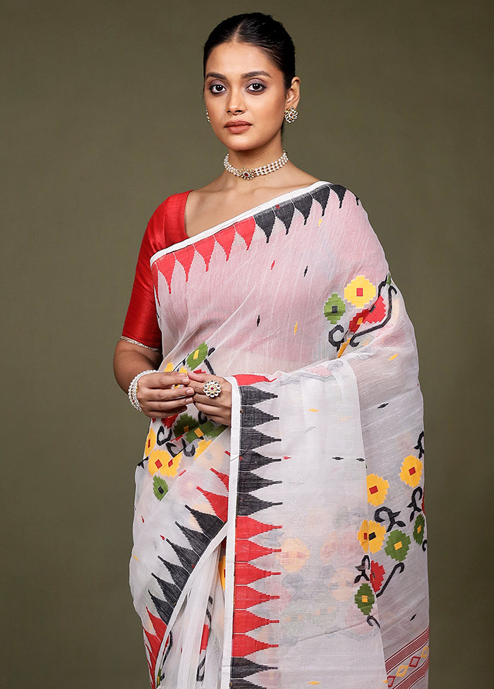 White Tant Jamdani Saree Without Blouse Piece
