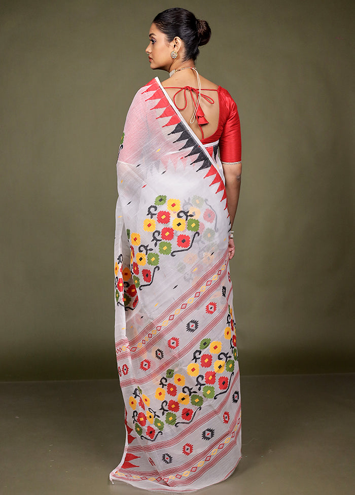 White Tant Jamdani Saree Without Blouse Piece