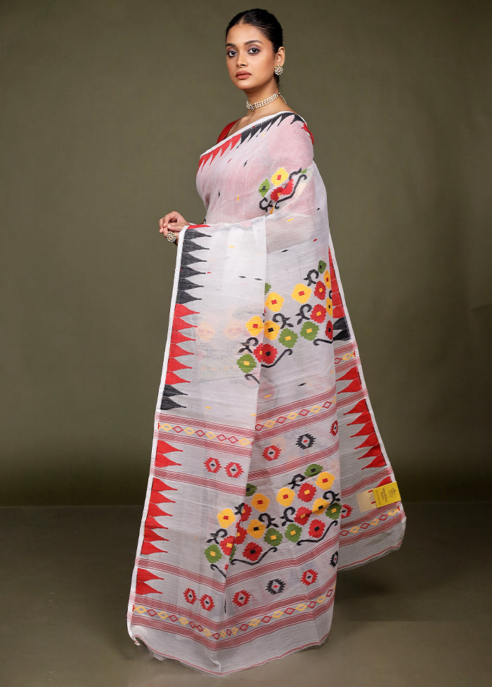 White Tant Jamdani Saree Without Blouse Piece