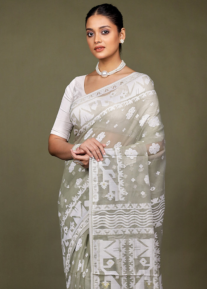 Grey Tant Jamdani Saree Without Blouse Piece