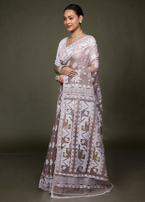 Cream Tant Jamdani Saree Without Blouse Piece