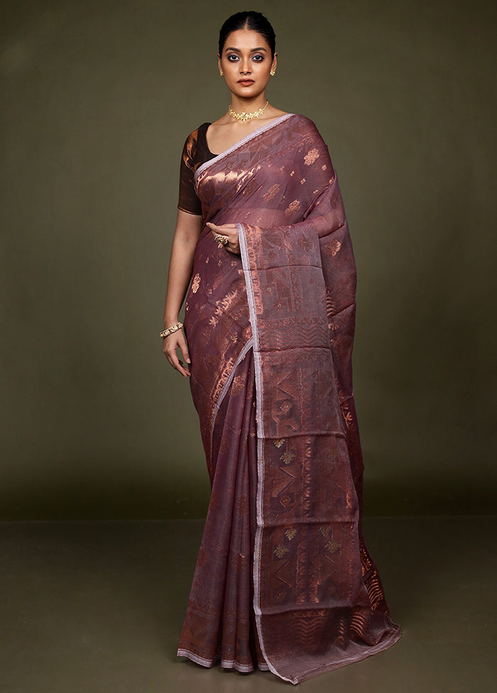 Purple Tant Jamdani Saree Without Blouse Piece