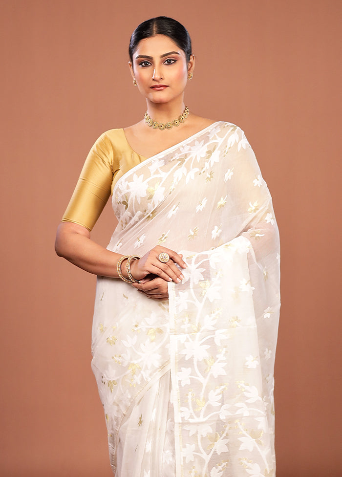 White Jamdani Cotton Saree Without Blouse Piece