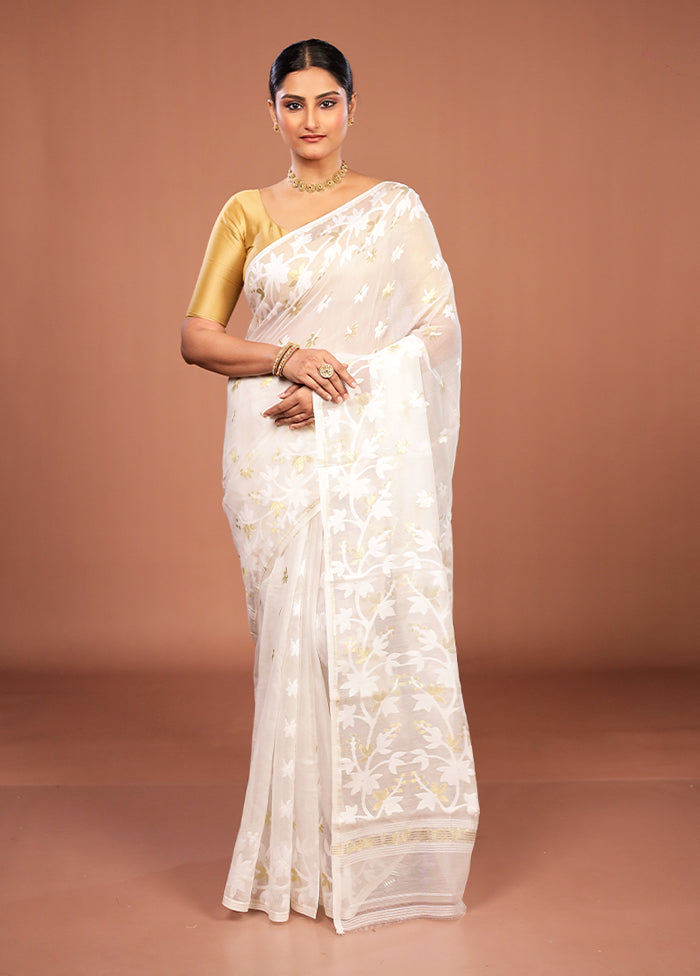 White Jamdani Cotton Saree Without Blouse Piece