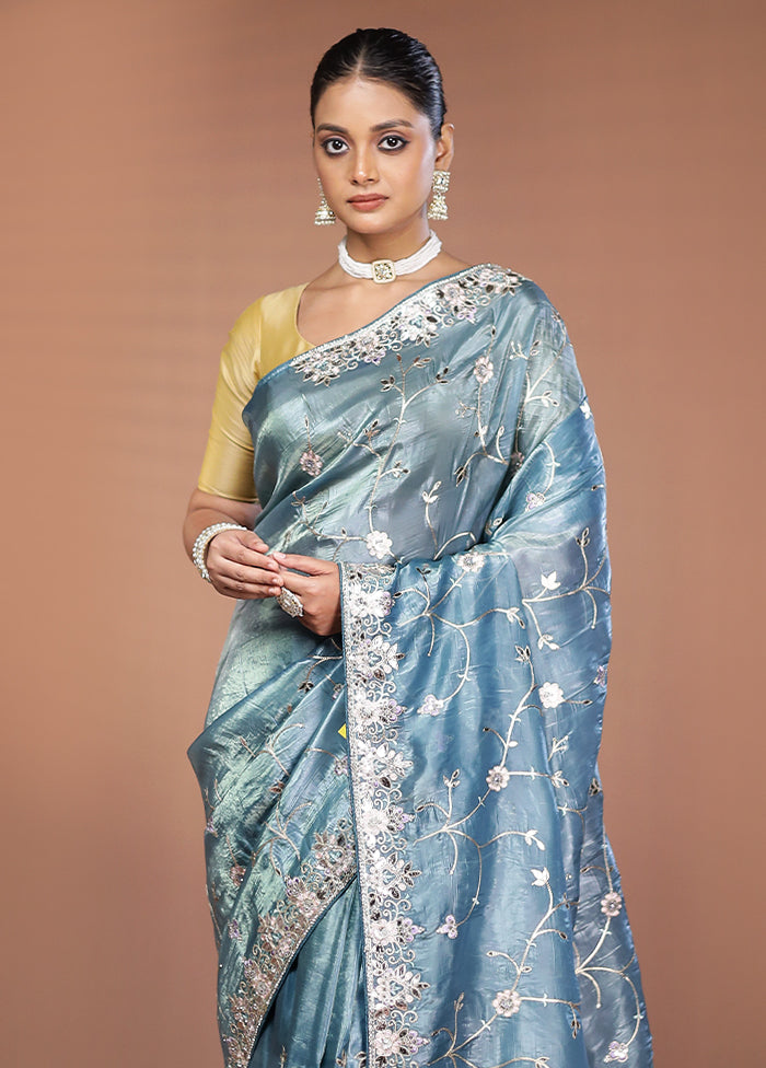 Blue Tissue Silk Saree With Blouse Piece