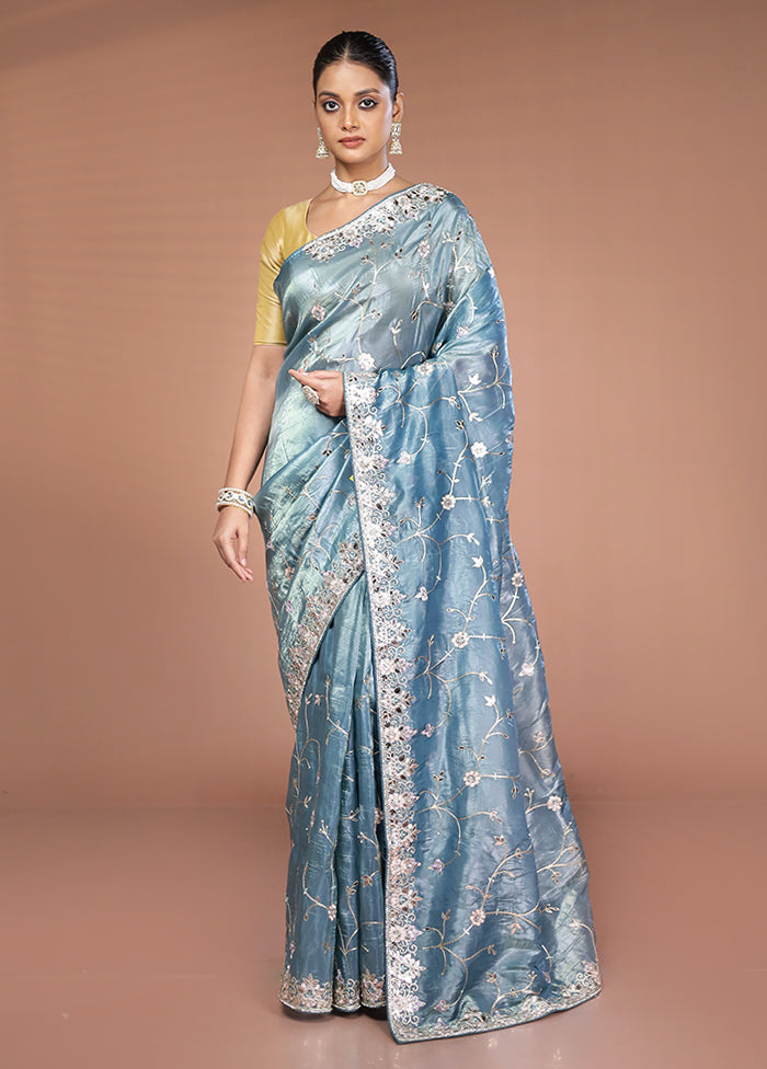 Blue Tissue Silk Saree With Blouse Piece