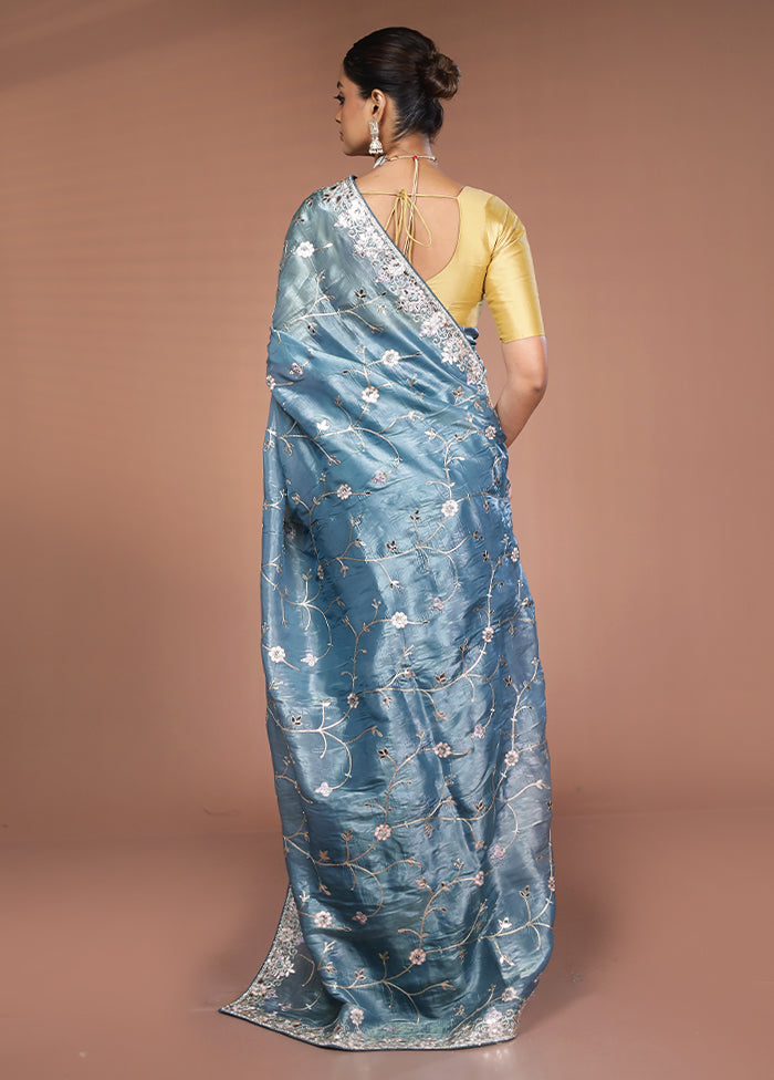 Blue Tissue Silk Saree With Blouse Piece