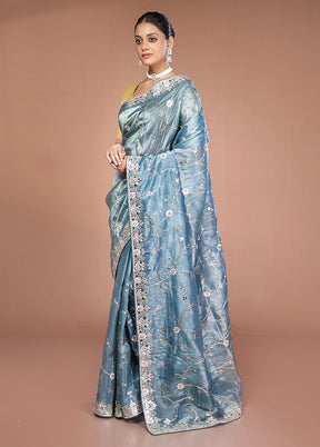 Blue Tissue Silk Saree With Blouse Piece