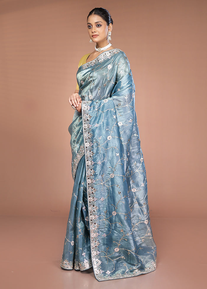 Blue Tissue Silk Saree With Blouse Piece