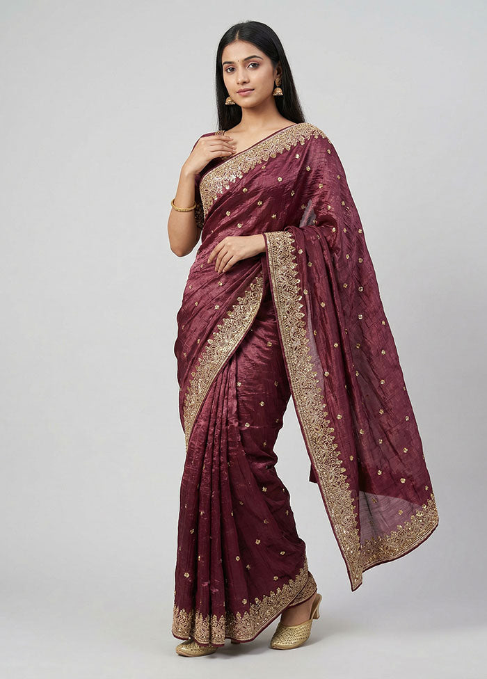 Maroon Tissue Silk Saree With Blouse Piece