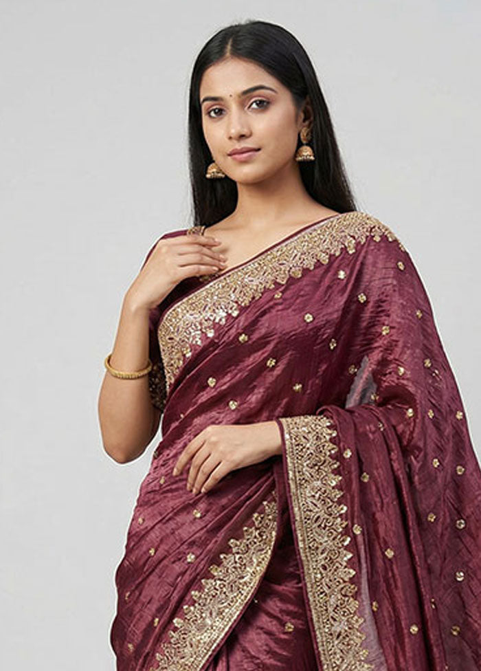 Maroon Tissue Silk Saree With Blouse Piece