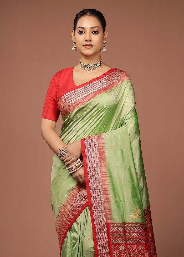 Green Handloom Bomkai Pure Silk Saree With Blouse Piece