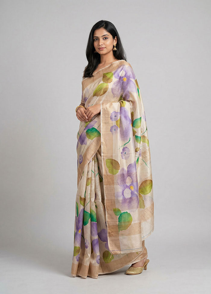 Cream Handloom Tussar Pure Silk Saree With Blouse Piece