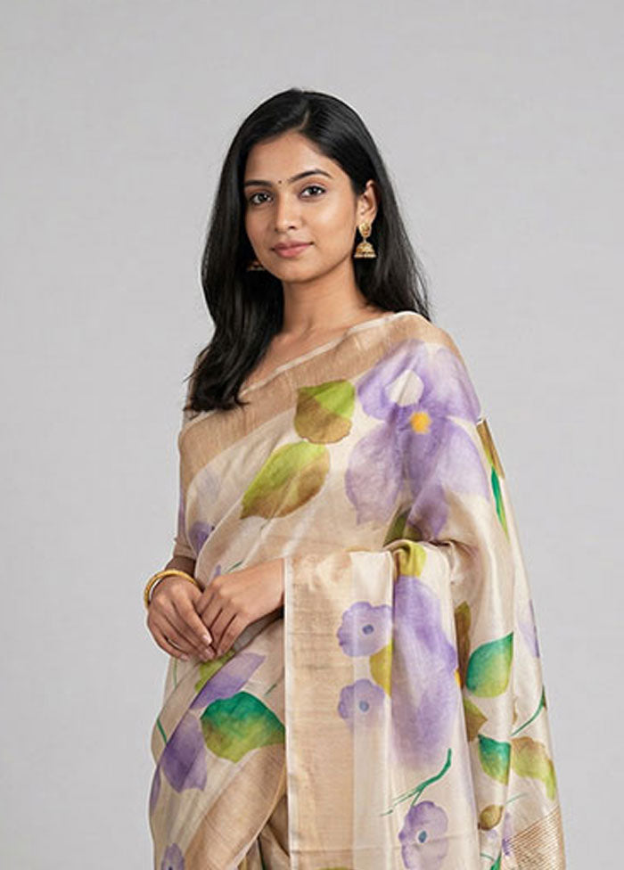 Cream Handloom Tussar Pure Silk Saree With Blouse Piece