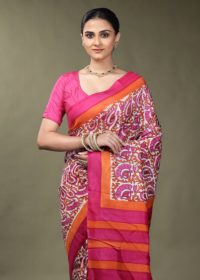 Pink Printed Pure Silk Saree Without Blouse Piece