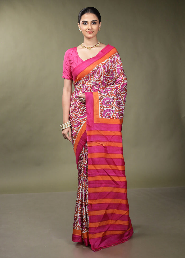 Pink Printed Pure Silk Saree Without Blouse Piece