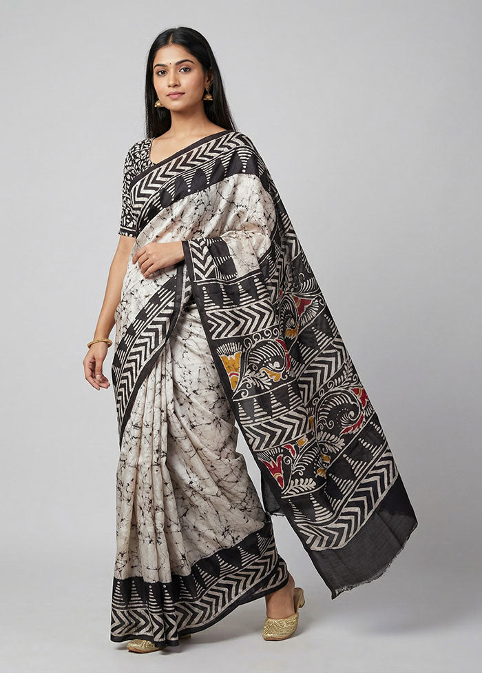 White Printed Pure Silk Saree Without Blouse Piece