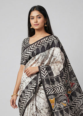 White Printed Pure Silk Saree Without Blouse Piece