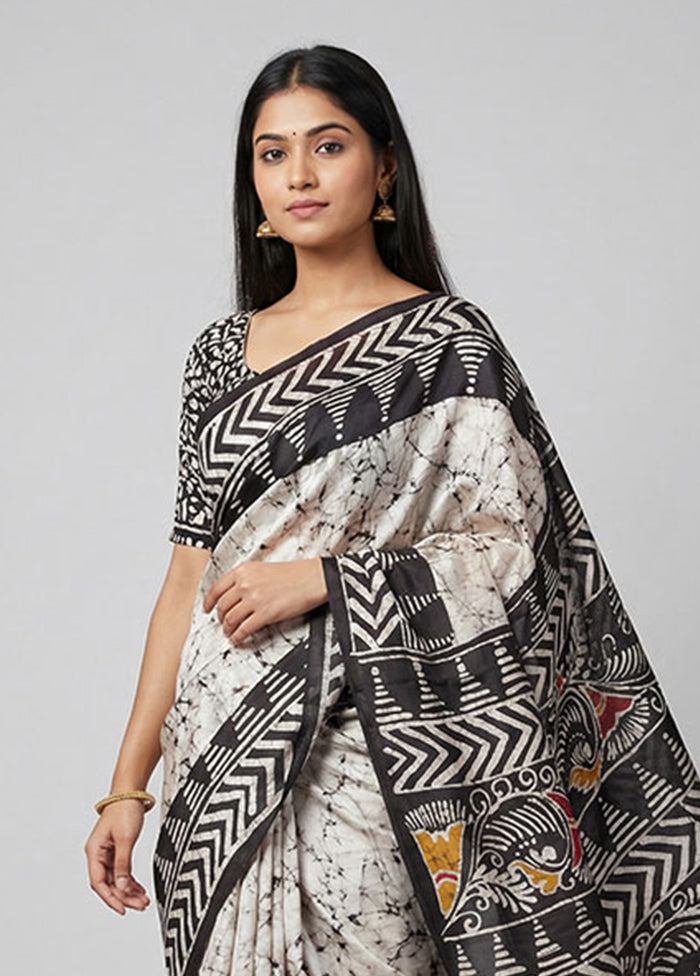 White Printed Pure Silk Saree Without Blouse Piece