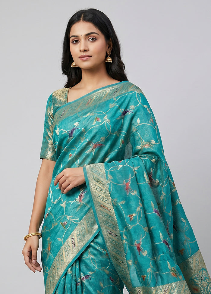 Green Dupion Silk Saree With Blouse Piece