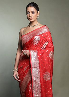 Red Dupion Silk Saree With Blouse Piece