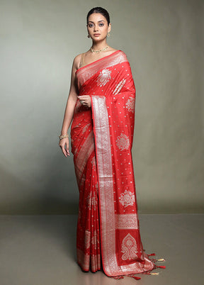 Red Dupion Silk Saree With Blouse Piece