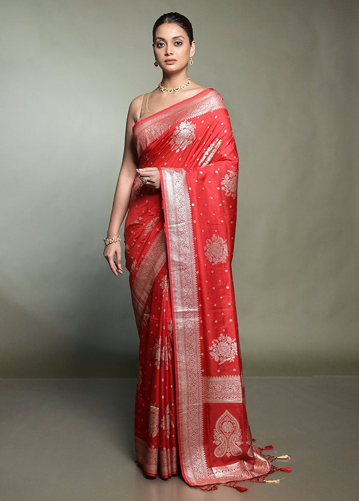 Red Dupion Silk Saree With Blouse Piece