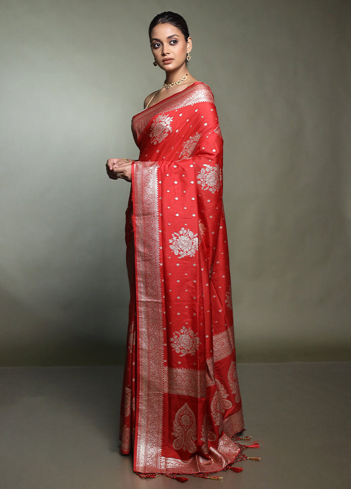 Red Dupion Silk Saree With Blouse Piece