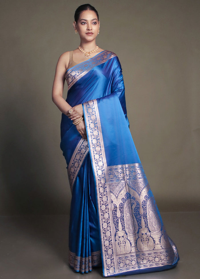 Blue Banarasi Silk Saree With Blouse Piece