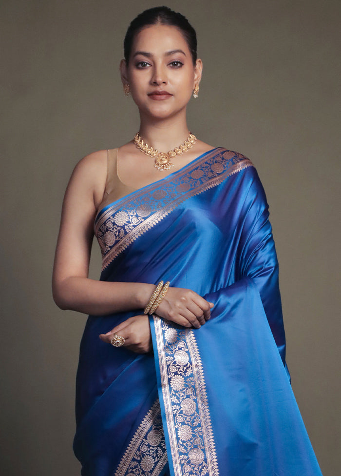 Blue Banarasi Silk Saree With Blouse Piece