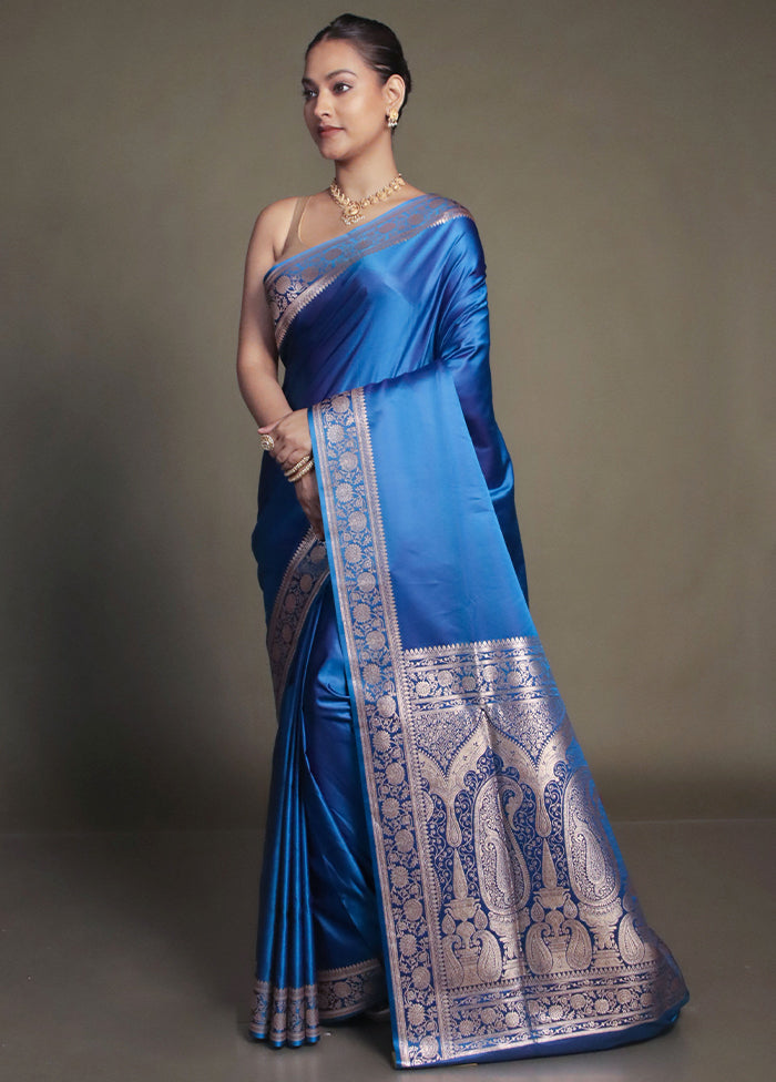Blue Banarasi Silk Saree With Blouse Piece