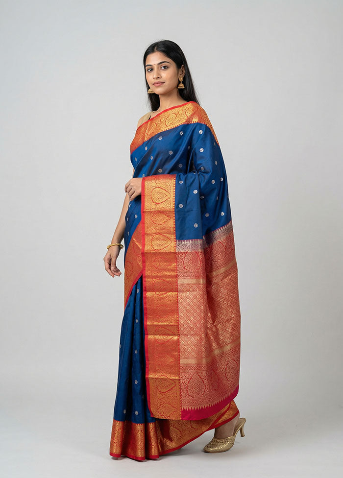 Blue Kanjivaram Silk Saree With Blouse Piece